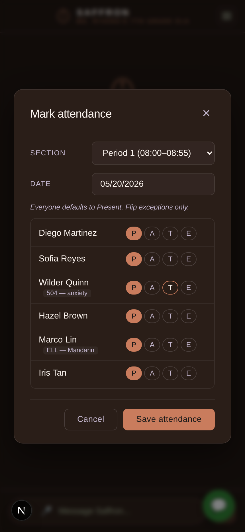 Mark attendance: everyone defaults to present, flip exceptions only.