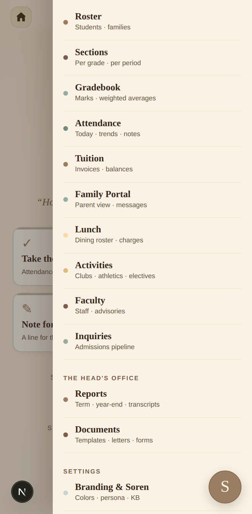 The full Soren menu for the school.