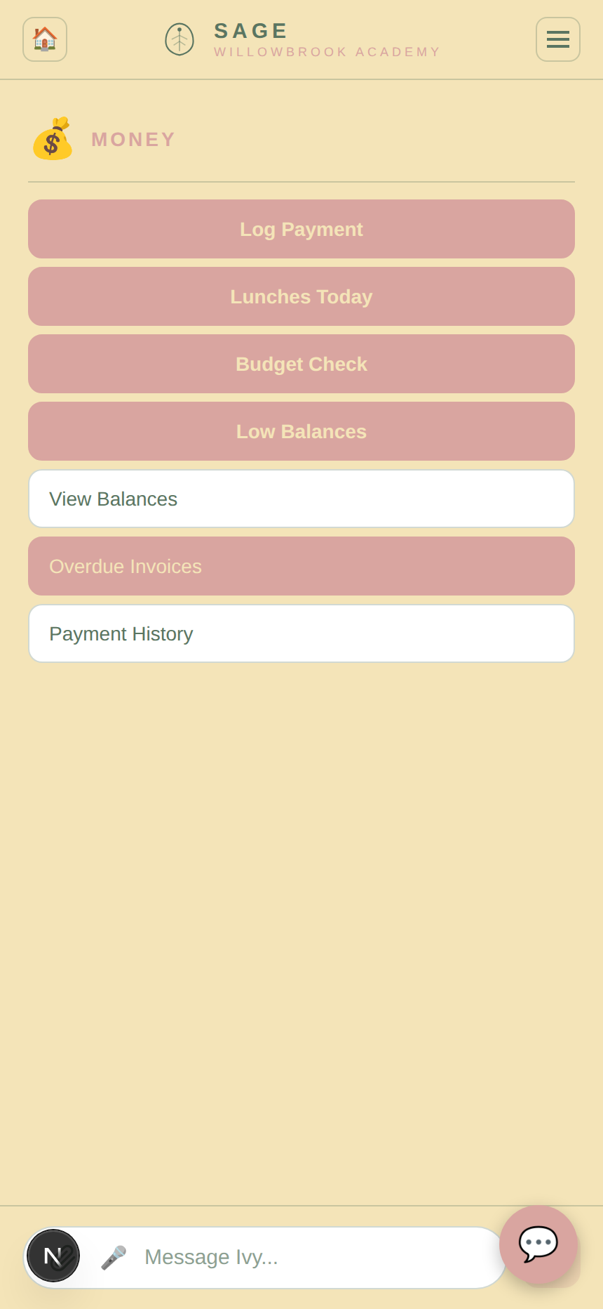Family billing screen with tuition balances and sibling discounts.