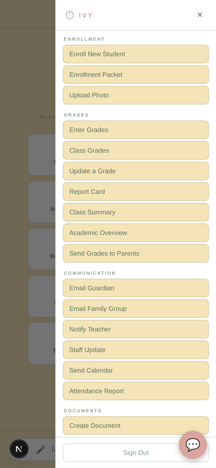 The full Sage menu, with every tool the school uses.