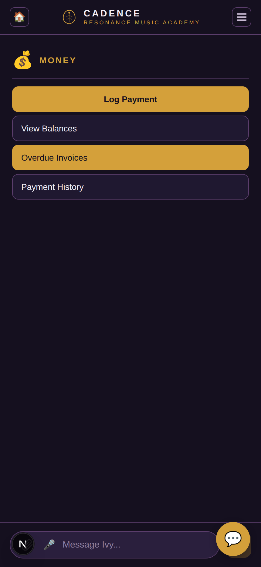 Cadence billing screen with tuition entries and balances.
