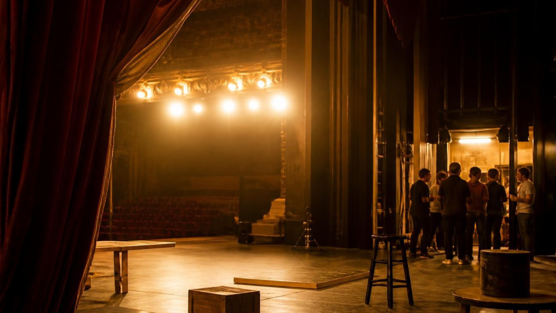 A theater stage from the wings: heavy velvet curtains, a single ghost light center stage, dust in a beam of warm light.
