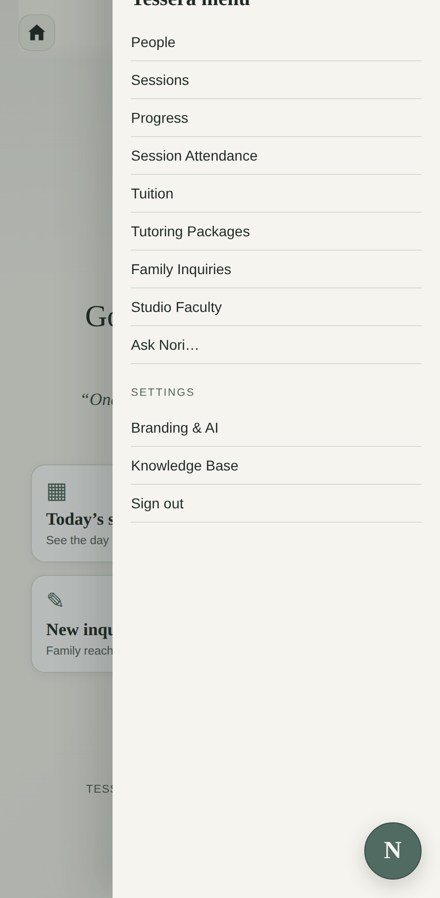 The full Nori menu, every tutoring tool the practice uses.