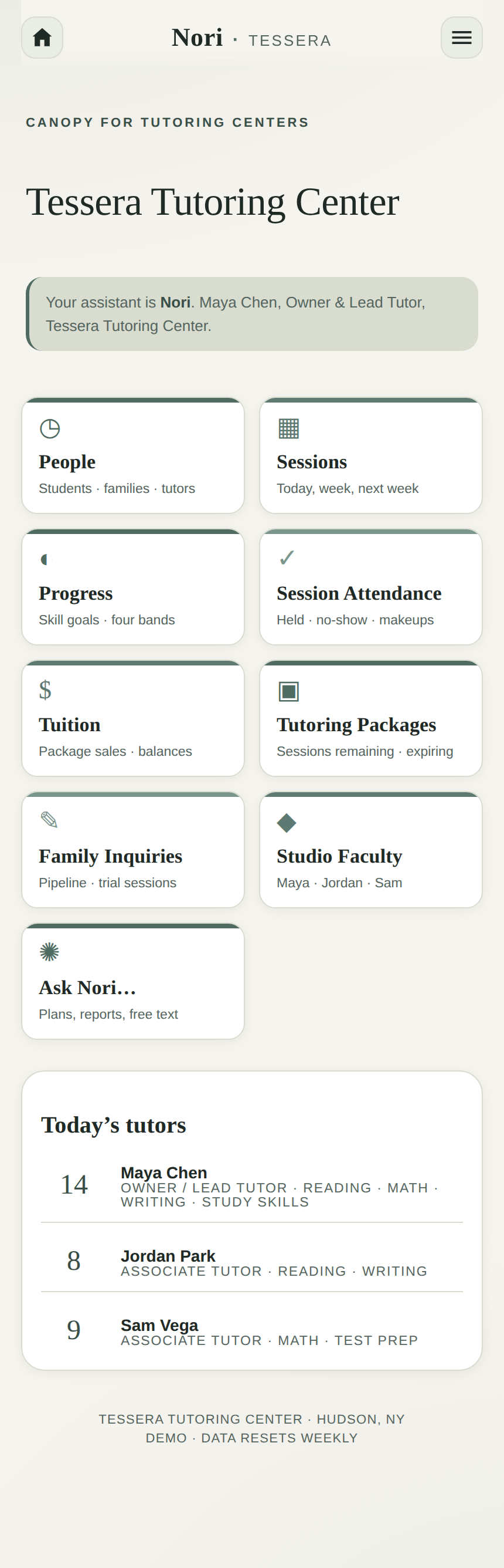 Tutoring modules grid showing sessions, packages, skill goals, family billing.