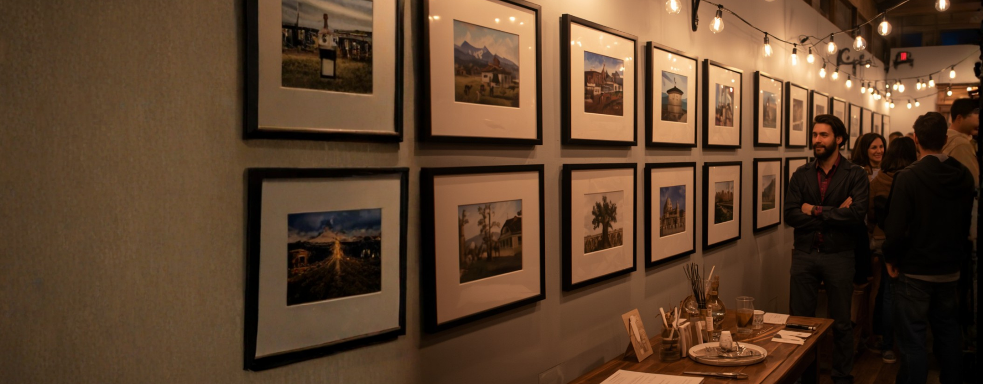 An evening gallery wall of framed student artwork with small cream label cards, warm spotlights, a wooden guest-book pedestal in the foreground.