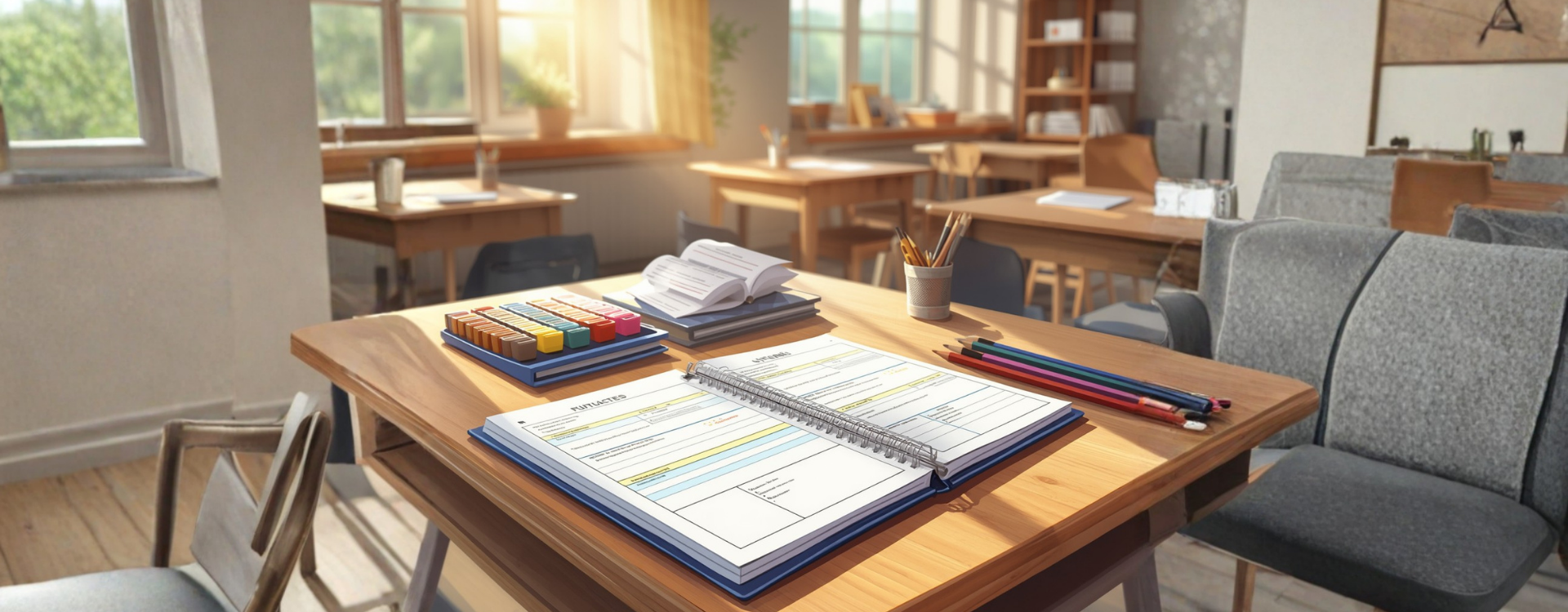 A long wooden faculty planning table with an open binder, colored pencils, and lesson outlines, in a quiet studio with morning light through tall windows.