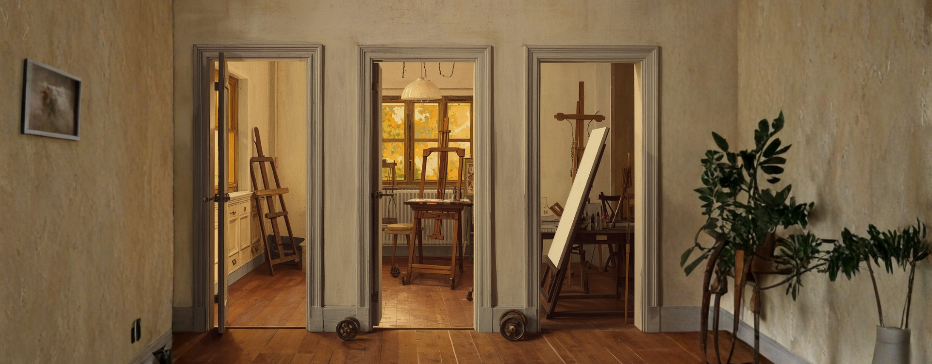 A wood-floored hallway in an arts academy with three open studio doorways. Easels in one, pottery wheels in another, life-drawing chairs in the third.