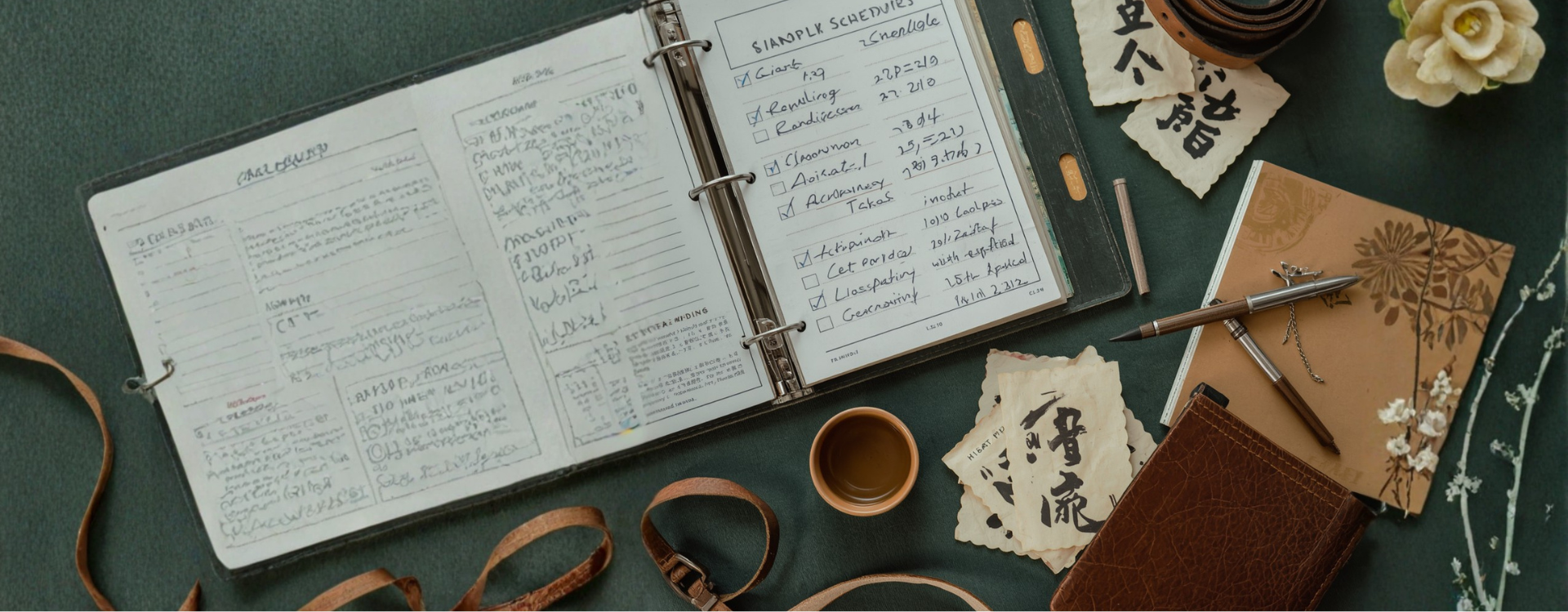 A head instructor&rsquo;s planning desk overhead. An open class-schedule binder, a handwritten list of belt-test candidates, ranking certificates, a small earthen tea cup, a folded ceremonial belt at the corner.
