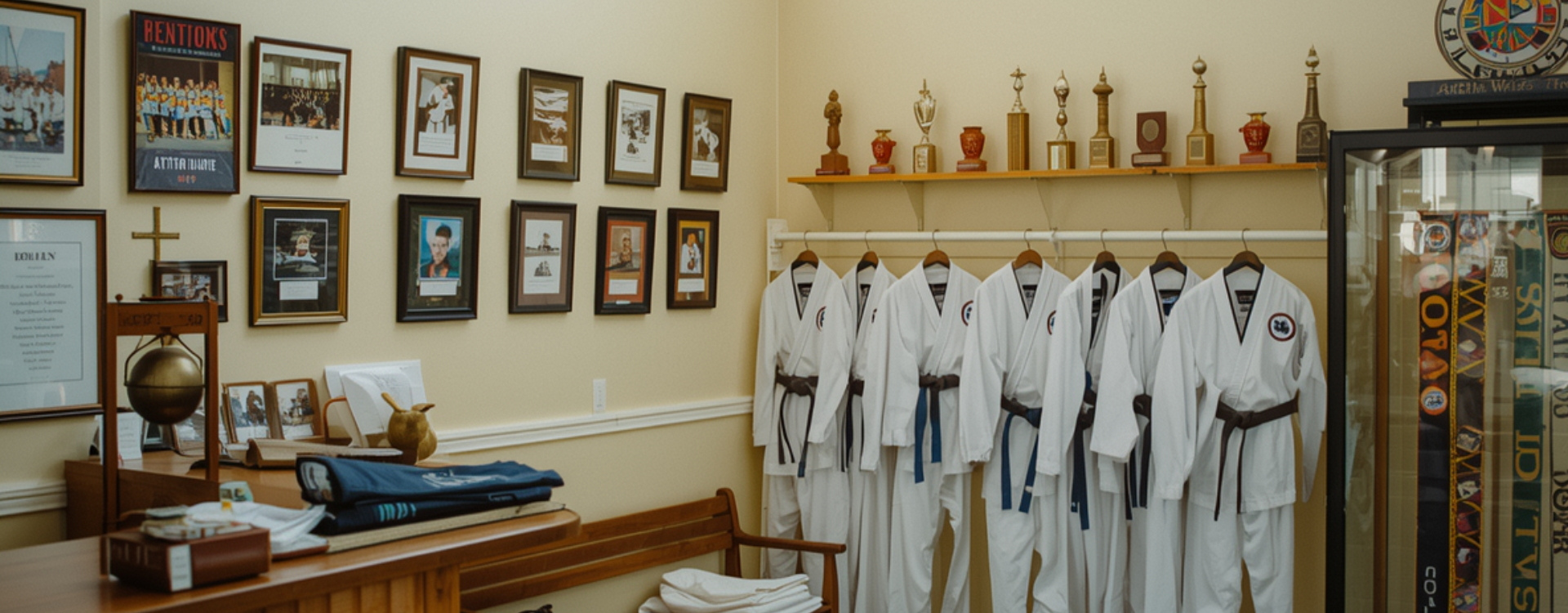 A martial arts school lobby. A wooden reception desk, a wall of trophy cases and team photos, a rack of folded white uniforms, a glass case of belts arranged by rank, warm light from a clerestory window.