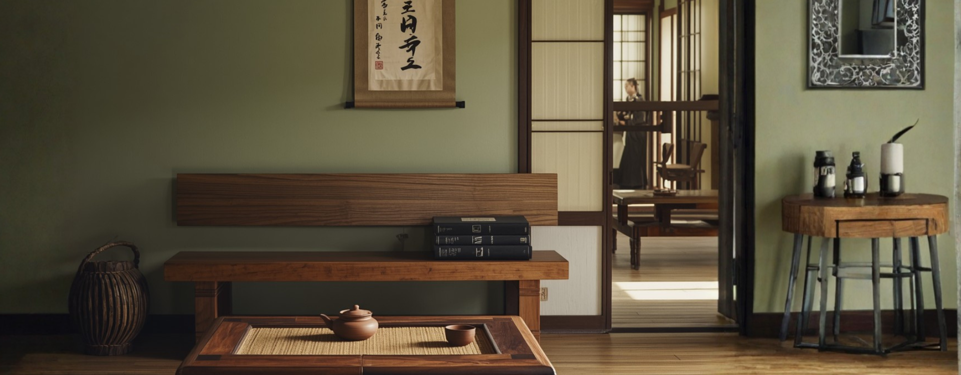 An instructor lounge in a martial arts school. A low wooden tea table, a single framed Japanese calligraphy scroll on the wall above a long wooden bench, curriculum binders, a sliding paper-and-wood screen door open to the floor beyond.