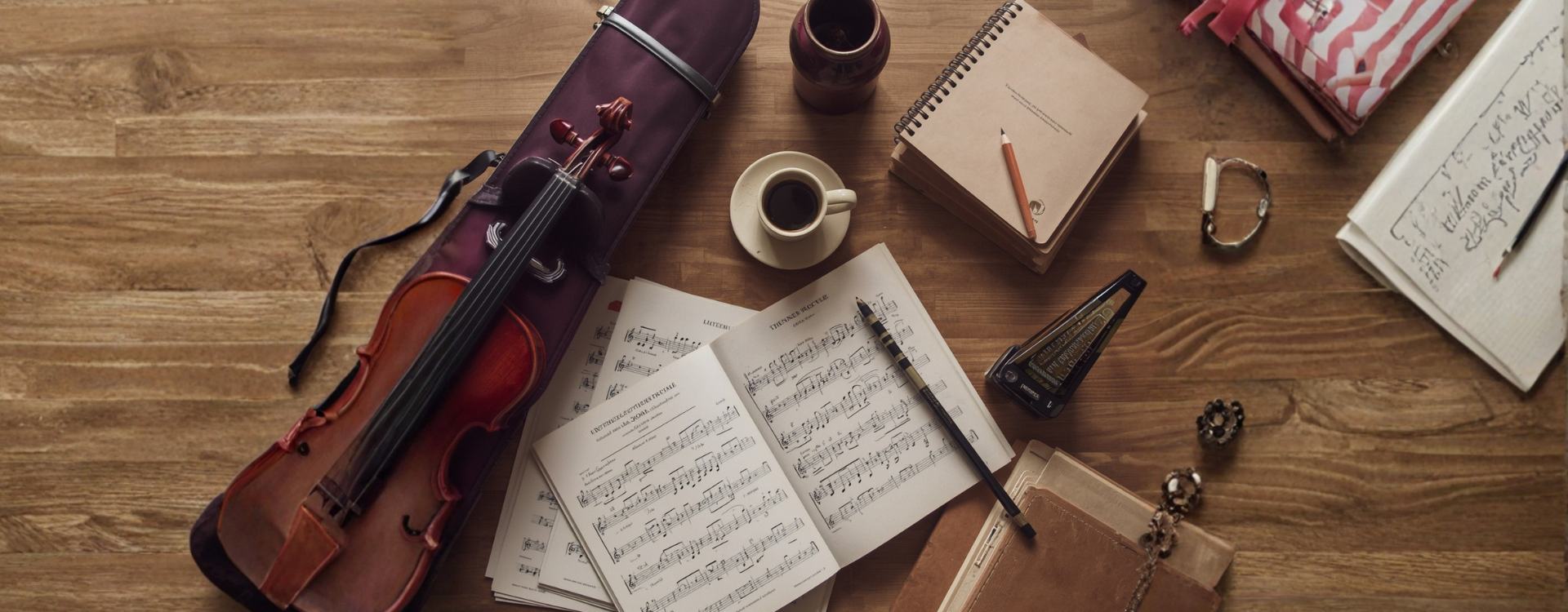 A music director&rsquo;s desk overhead. A violin case half-open, sheet music with handwritten notation, a small coffee cup, a metronome, marking pencils.