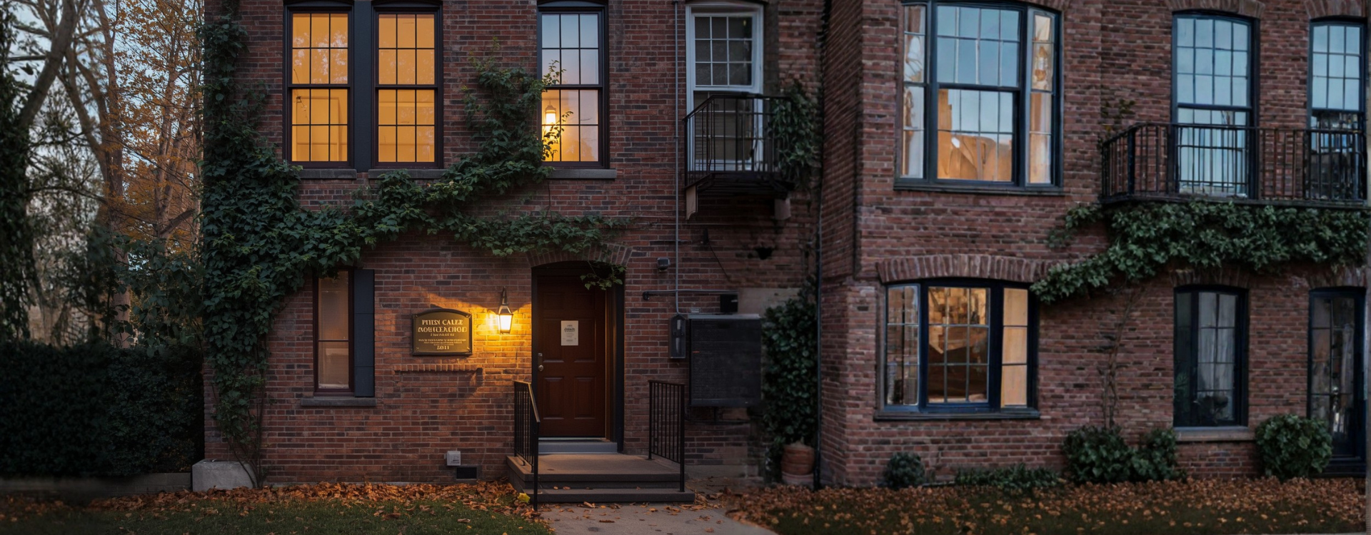 A small brick music school at golden hour. Tall arched windows lit warm from within, ivy at the corner, autumn leaves on the path, a brass plaque by the wooden front door.