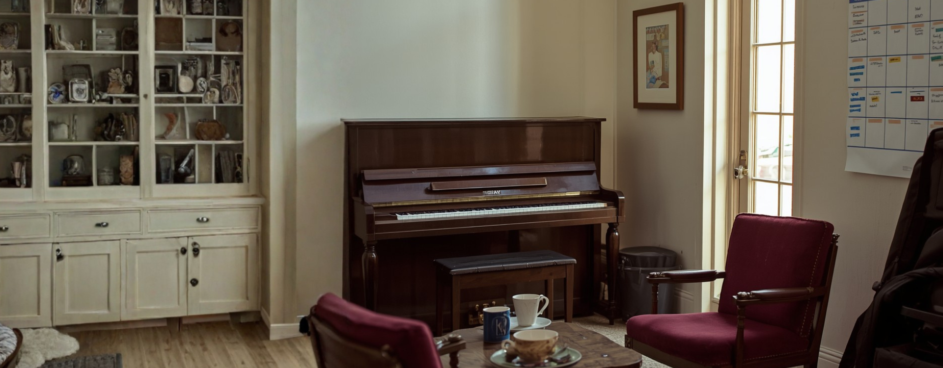 A music school faculty lounge. An upright piano against the wall, two plum reading chairs, a wall calendar with rehearsal slots blocked off, warm light through a tall window.