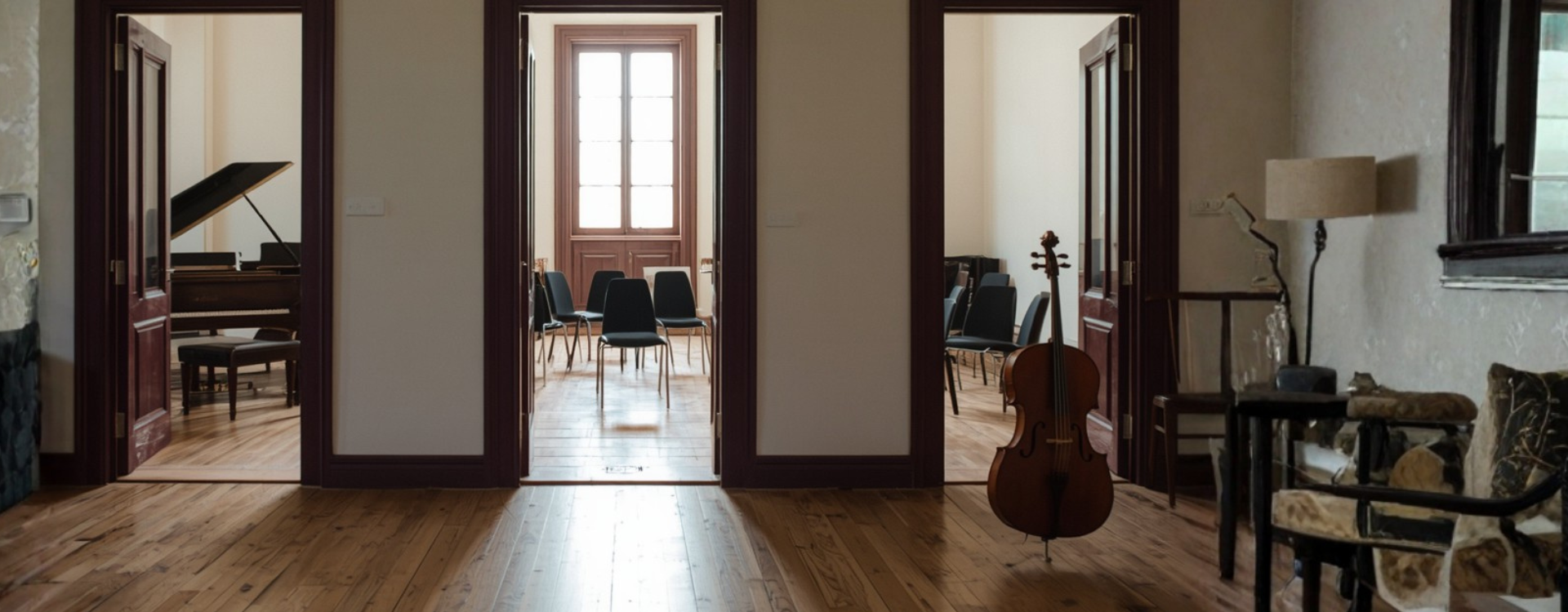 A hallway in a music school with three open doorways. A grand piano in one room, a circle of chairs in another, a cello in the third.