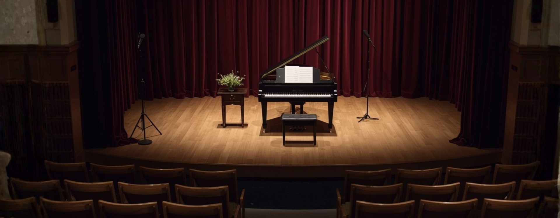 An empty recital hall set for performance. Rows of chairs facing a grand piano on a low stage, sheet music open on the music desk, warm stage lights.
