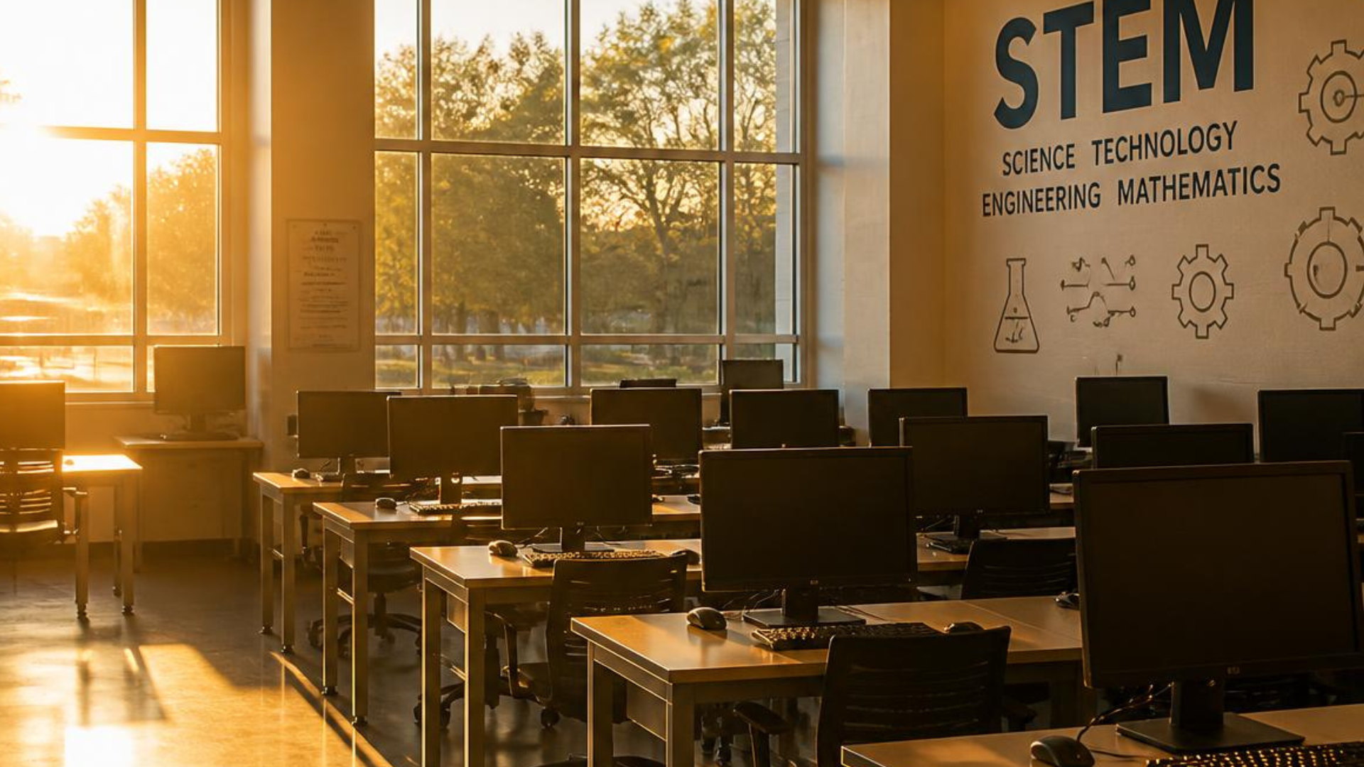A wide view of a high-school science classroom from the back of the room: rows of lab tables, a periodic table on the far wall, daylight from windows on the left, a single desk lamp on at the demo bench, no students, the room at rest.