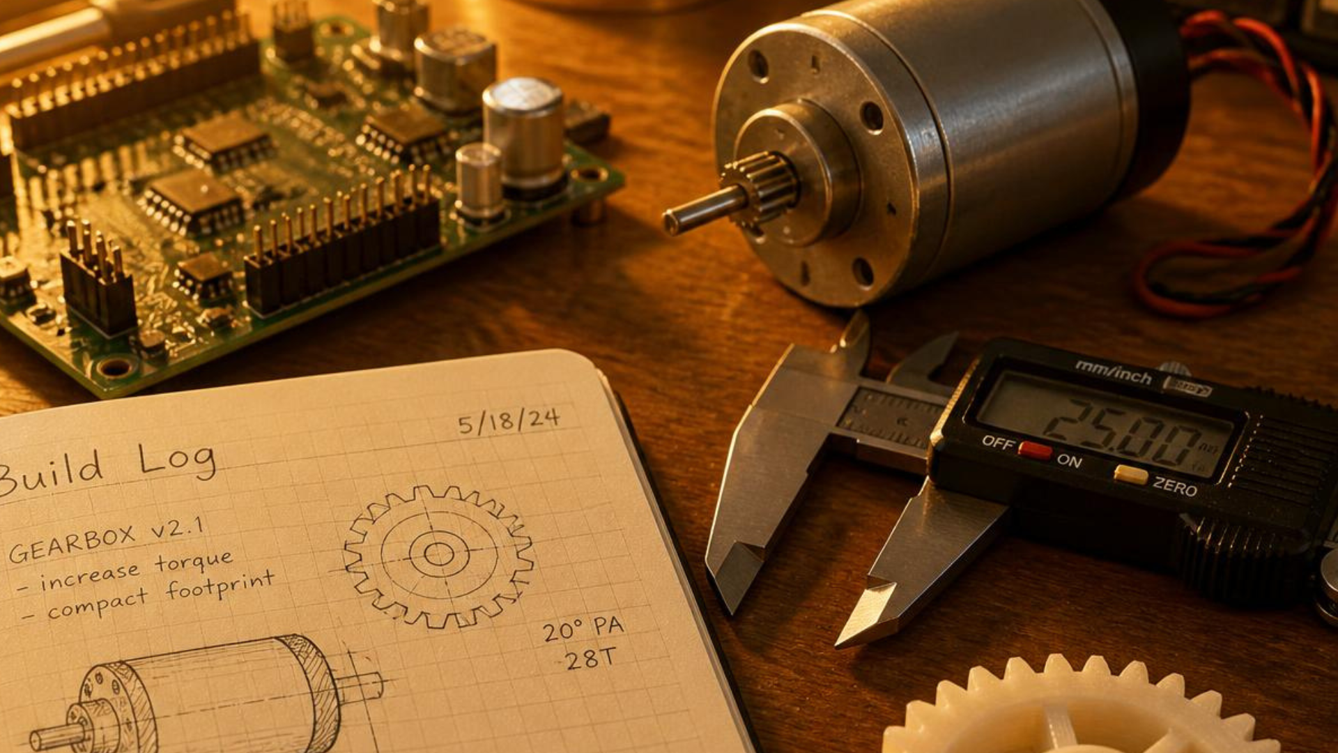 A science-classroom still life on a wooden teacher&rsquo;s desk: an open notebook with a hand-drawn pendulum diagram, a brass-rimmed magnifying glass, a small ammeter, and a pen, soft overhead morning light.