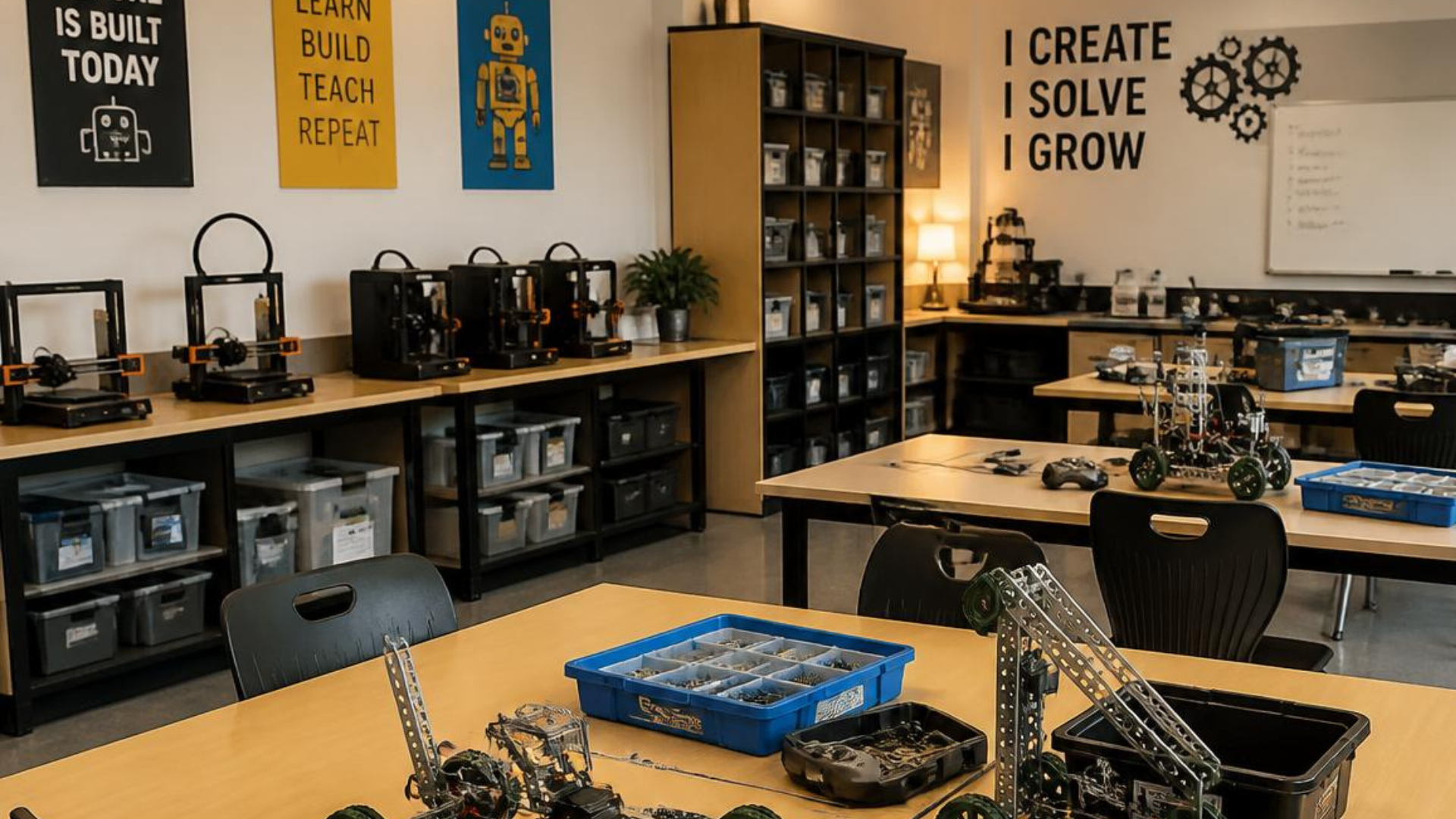 A science classroom at the end of the day: glassware air-drying on a rack, a periodic table on the wall, a stack of lab notebooks on the demo bench, mid-afternoon overhead light, no people.
