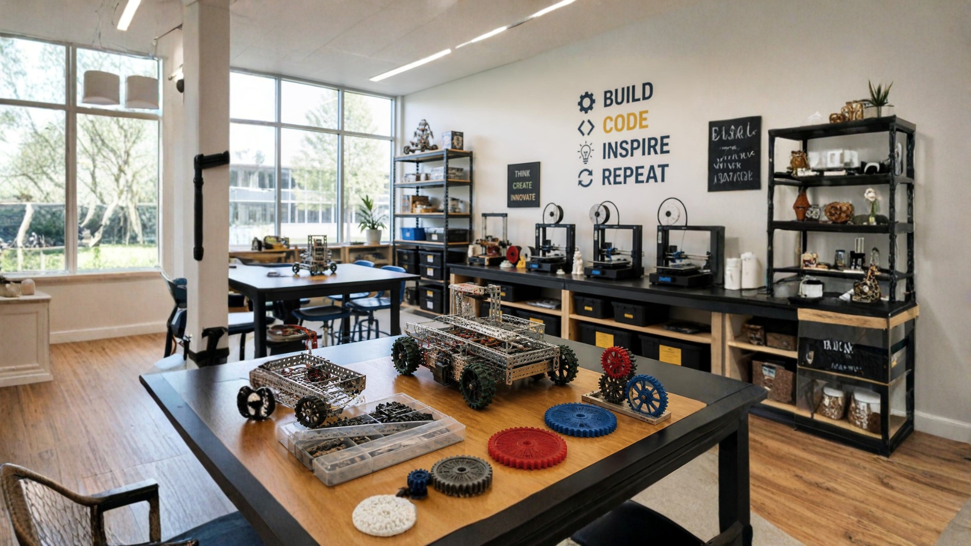 An empty high-school science classroom at first bell: long lab tables in pairs, stools tucked underneath, a row of safety goggles on a hook, overhead fluorescent light just turning on, a clipboard at the demo bench.