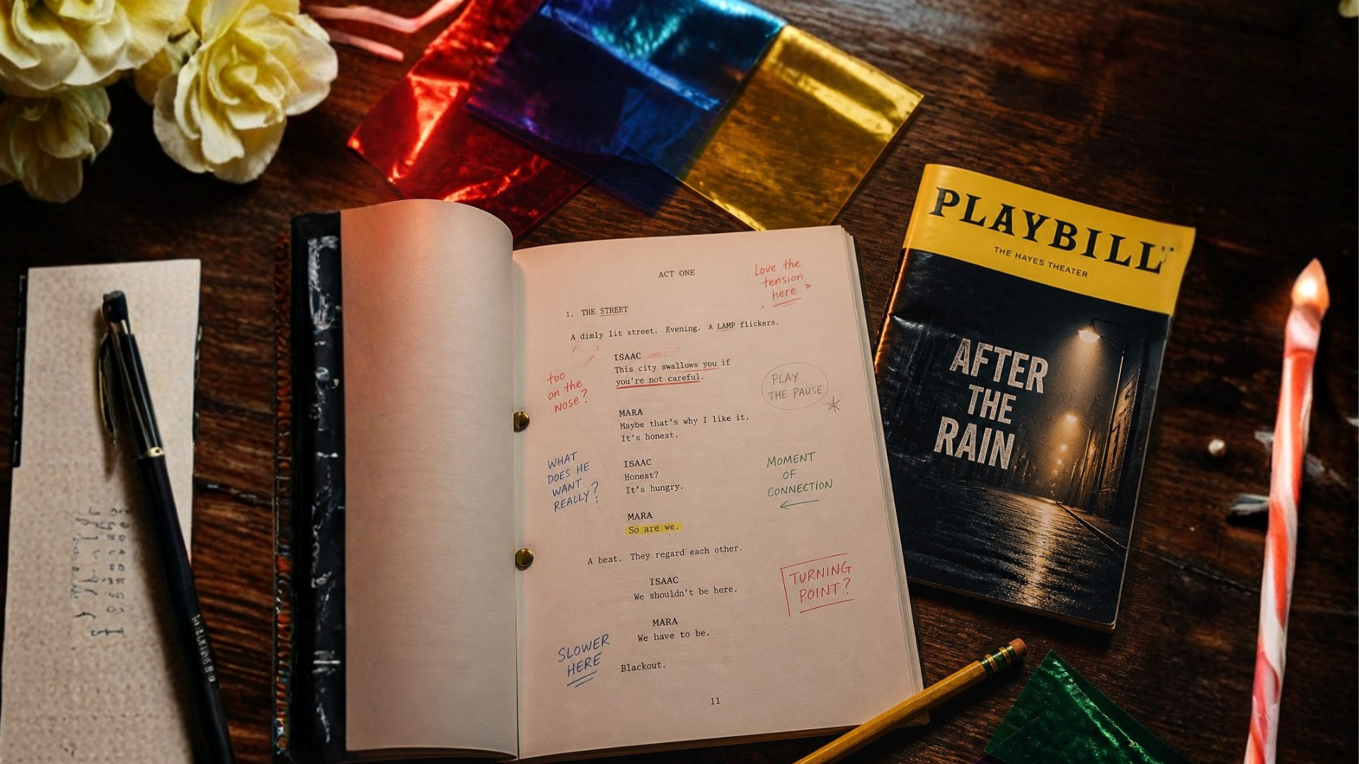 A marked-up script on a dark wood desk, a small reading lamp casting a pool of warm light, a pencil and a folded program beside it.