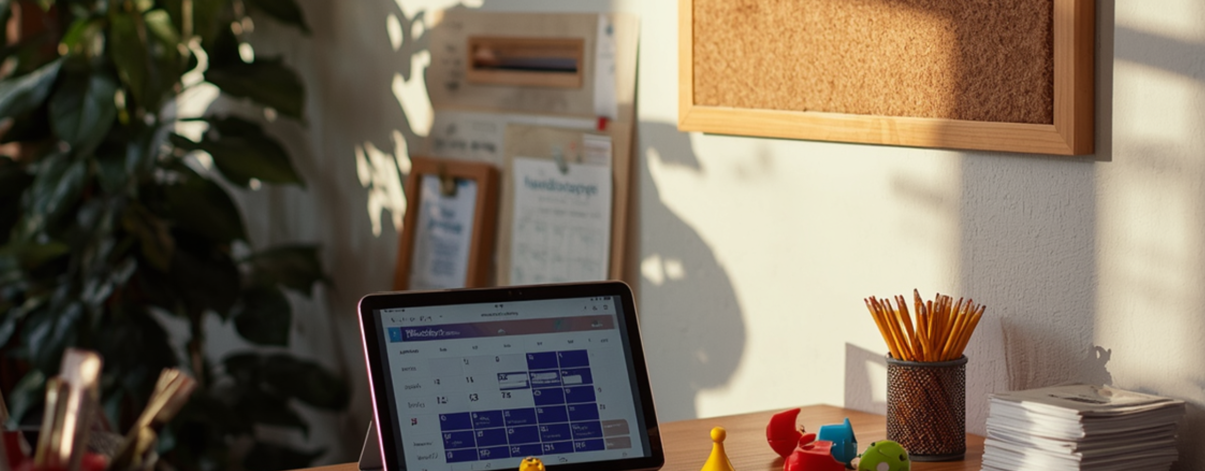 The front-desk check-in area at a tutoring center. A wooden counter with a tablet showing today&rsquo;s sessions, a basket of fidget toys, a corkboard of achievement certificates, warm afternoon light.