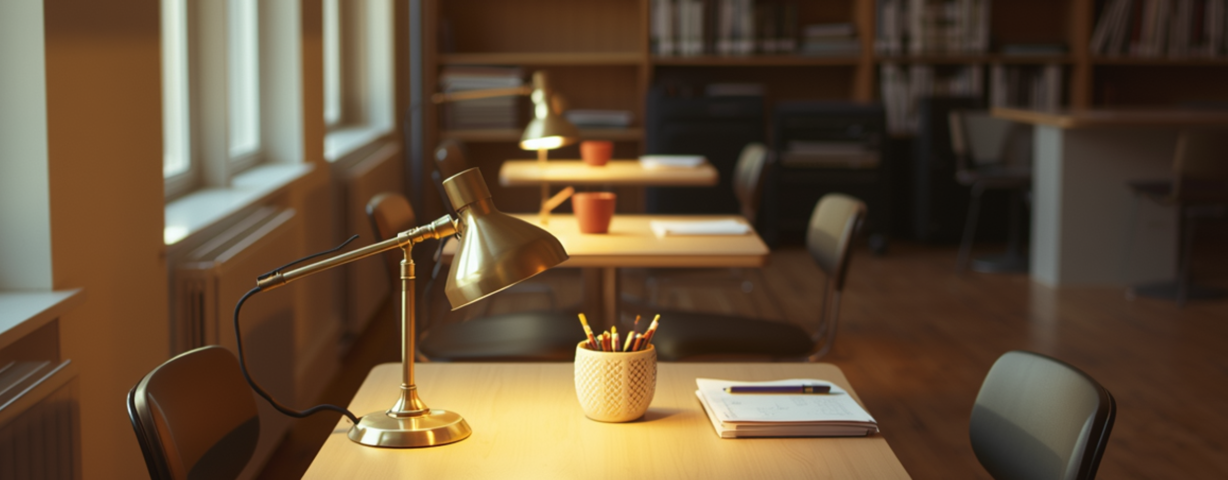 A tutoring center study room with three small square tables for one-on-one sessions, brass desk lamps glowing warm, books and pencil cups on each, late-afternoon light through tall windows.