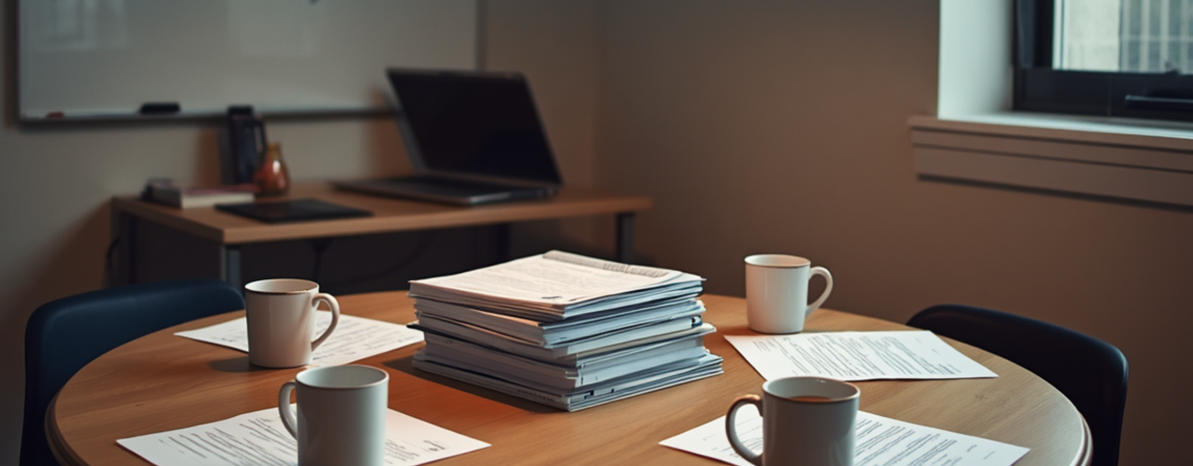 A small meeting room in a tutoring center. A round wooden table with student progress reports, three half-finished coffee mugs, a whiteboard with student initials and progress notes, a warm pendant lamp overhead.